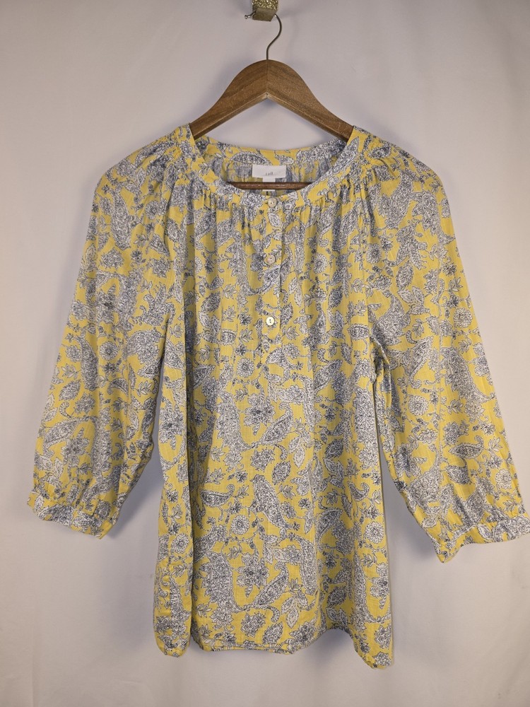 Women's J Jill Yellow Blue Floral Voile Peasant 3/4 Sleeve Blouse Size Medium