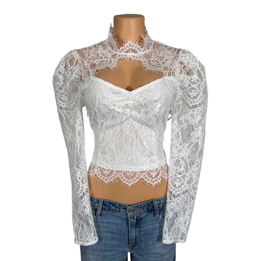 A.Peach White Lace High Neck Cutout Long Sleeve Top Blouse JT3353 Womens Medium