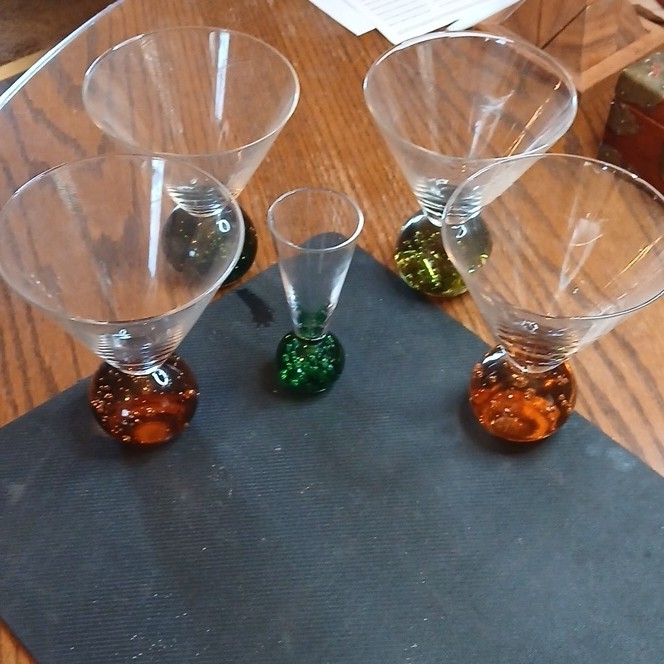 Hand Blown Art Glass Martini & Cordial Glasses Set of 5 Colored Bubble Bases