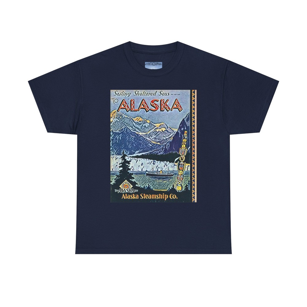 Alaska Steamship Retro Graphic Print Short Sleeve Unisex Tee Shirt Heavy Cotton