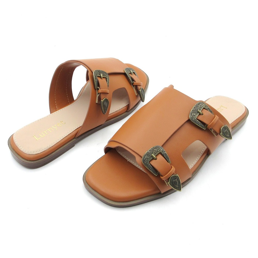 Lurnyet Comfort Women's Double Western Buckle Slide Sandals, Faux Leather