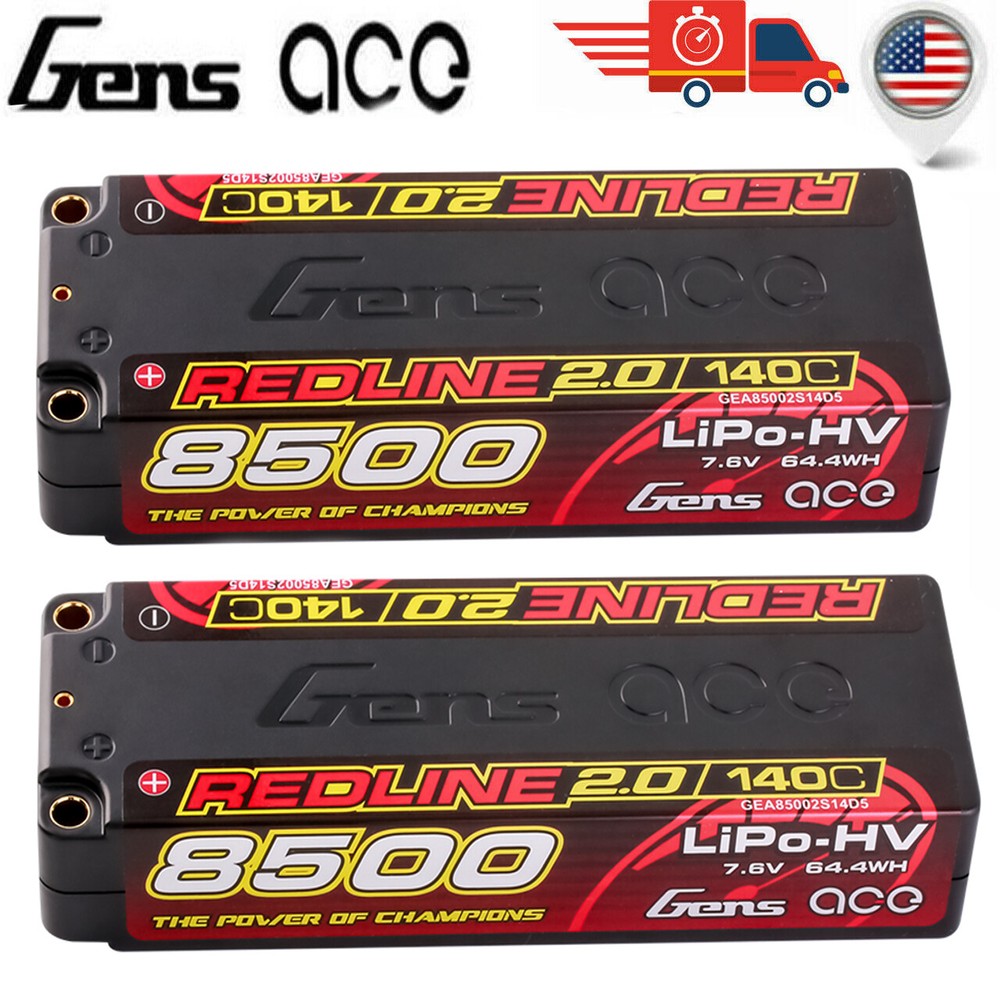 2X Gens Ace 8500mAh 7.6V 140C HardCase 2S Lipo Battery 5.0mm Bullet For RC Car-image