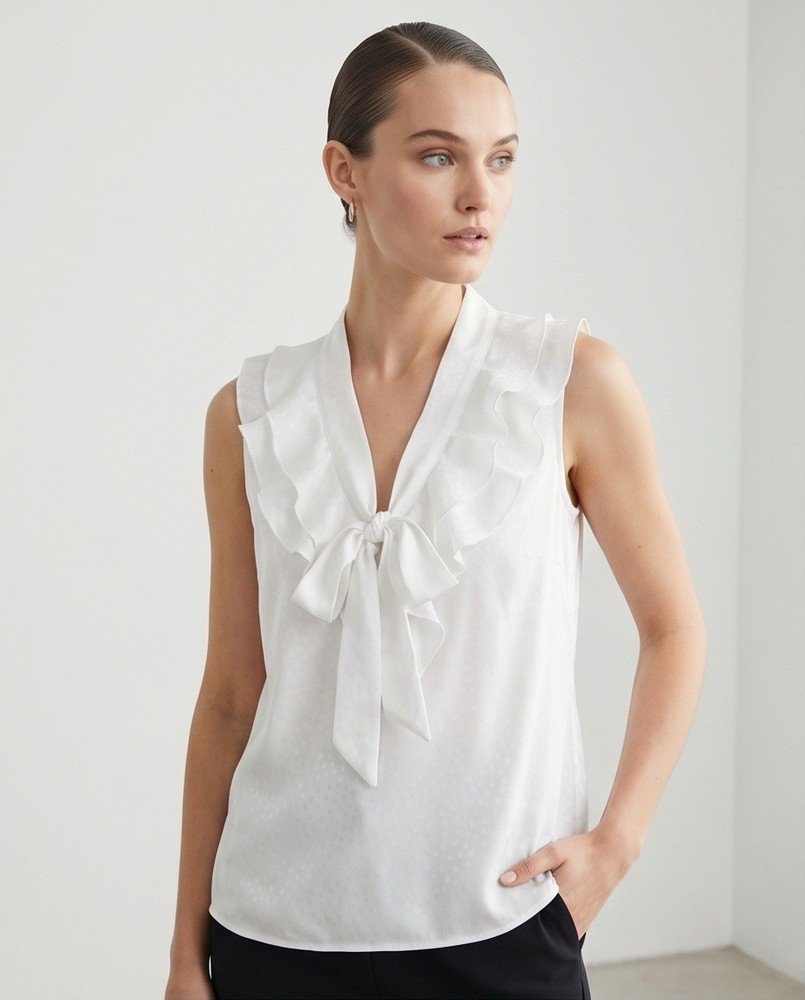 Kasper Womens White Blouse Size L Sleeveless Bow Tie Neck Elegant Office Top