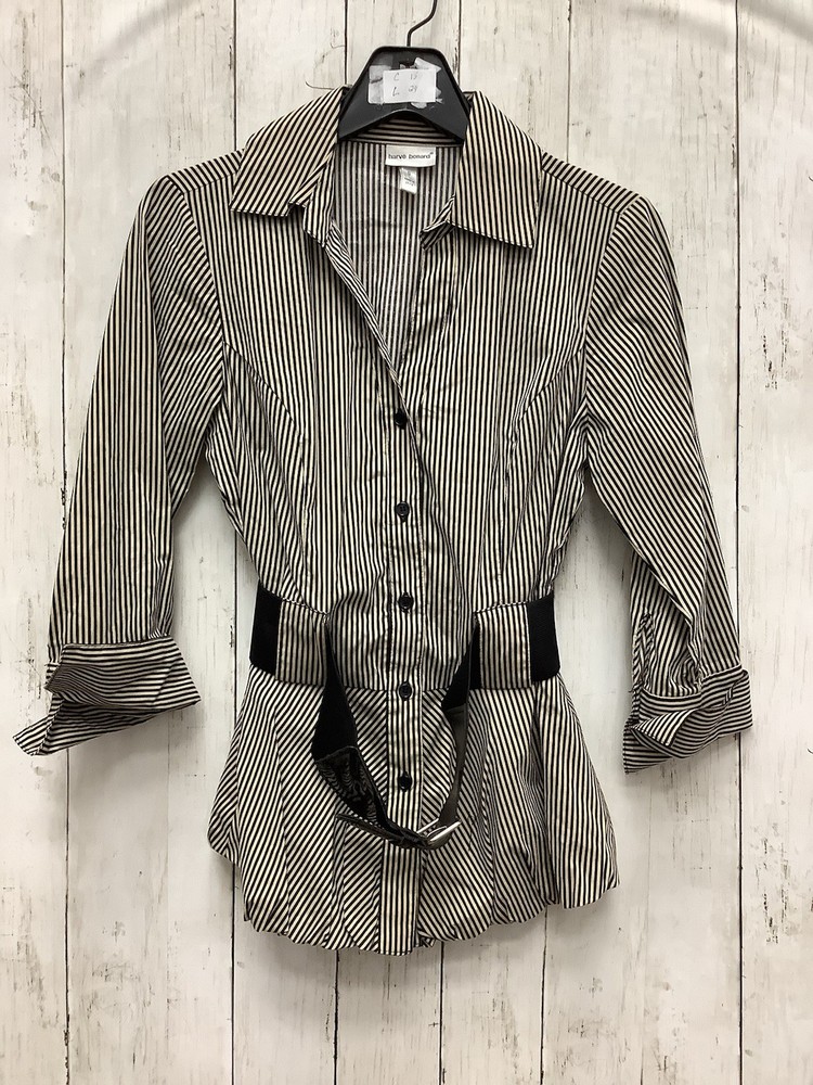 Harvé Benard Women's Small Black & Tan Striped Button-Down Long Sleeve Shirt