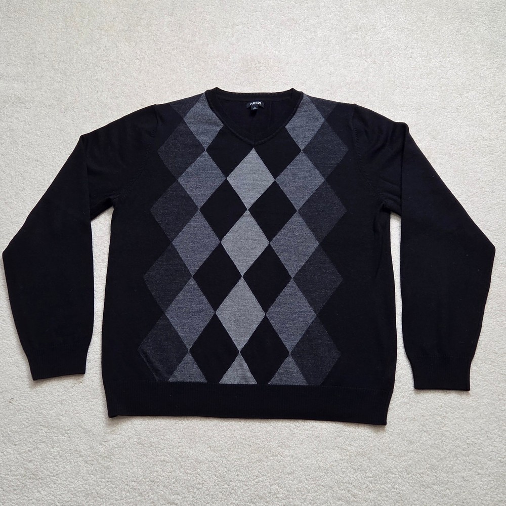EUC Men's Apt 9 Lg Wool Blend Pullover Argyle Crew Neck Sweater Black Gray