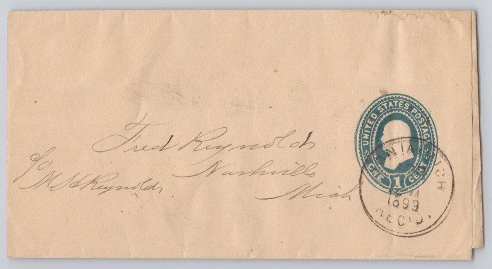 U.S. one-cent postal stationery envelope, blue indicia Un 1893