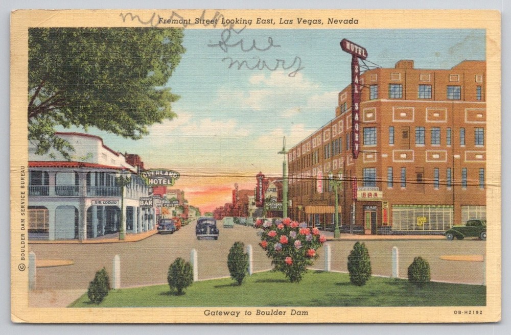 1942 Las Vegas Fremont Street Overland Hotel Apache Linen Postcard Nevada