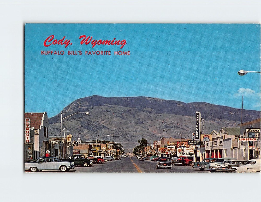 Postcard Sheridan Street Rattlesnake Mountain Cody Wyoming USA