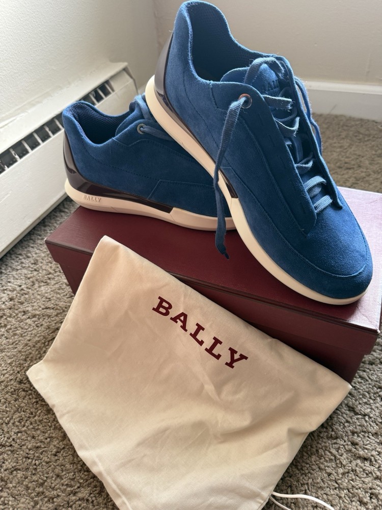 Bally Blue White Brown Suede Lace-Up Men's Casual Sneakers Logo Accent Round Toe