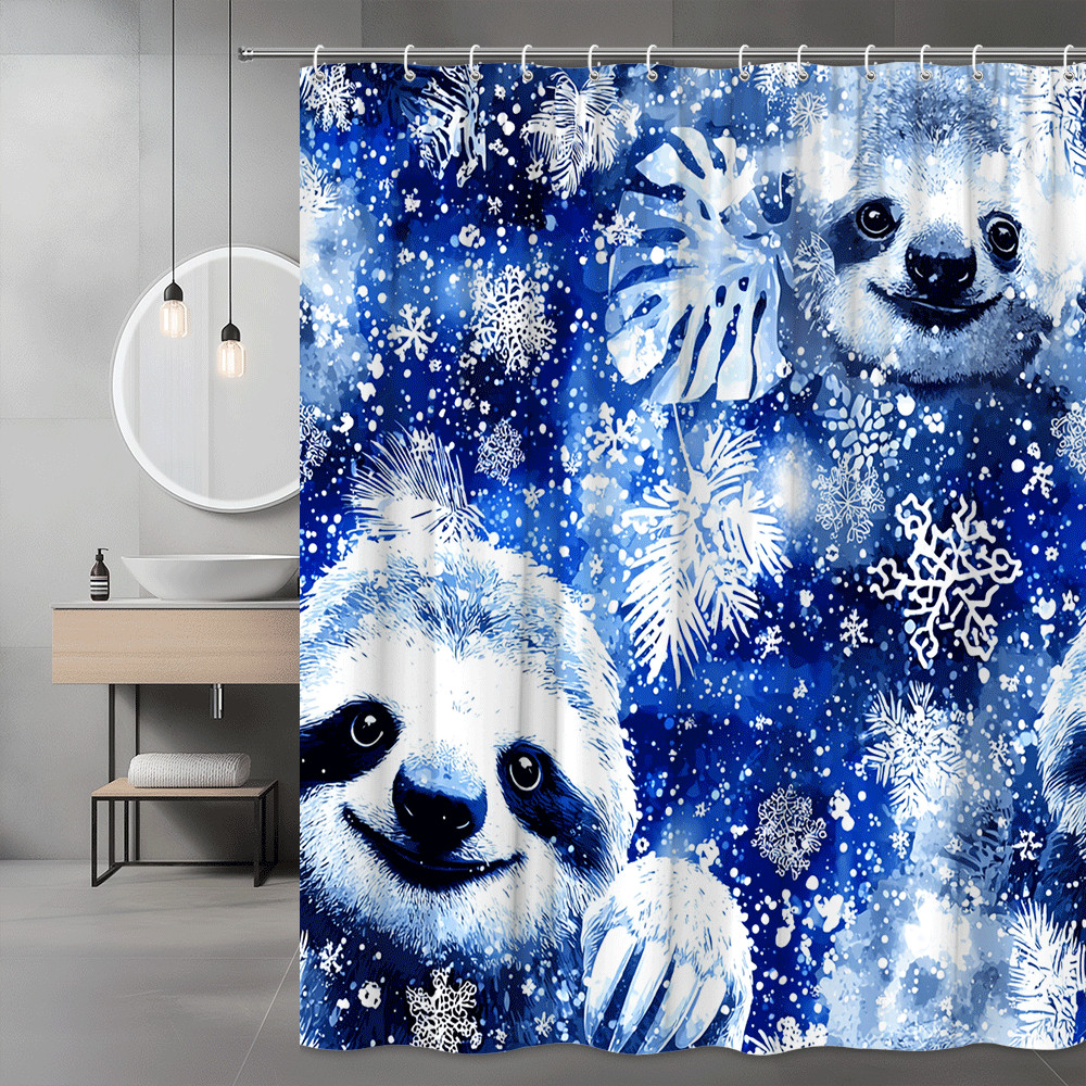 Blue Sloth and Snowflake Shower Curtain Winter Print