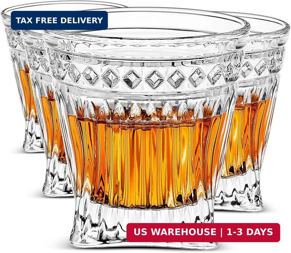 LUXU Whiskey Glasses(Set of 4)-9 oz Vertical Stripes Scotch Glasses,Premium Old