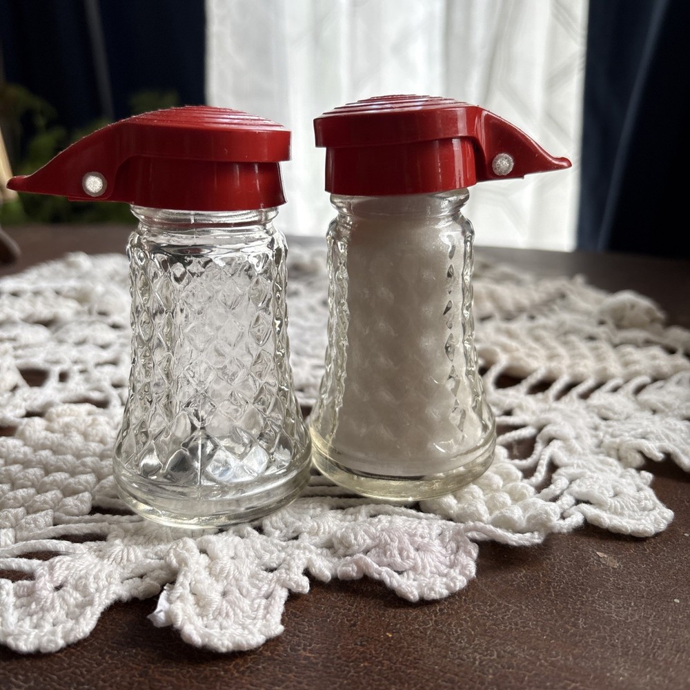 Vintage Daniell's Glass Salt & Pepper Shakers RED Flip-Top Quilted Pattern MCM