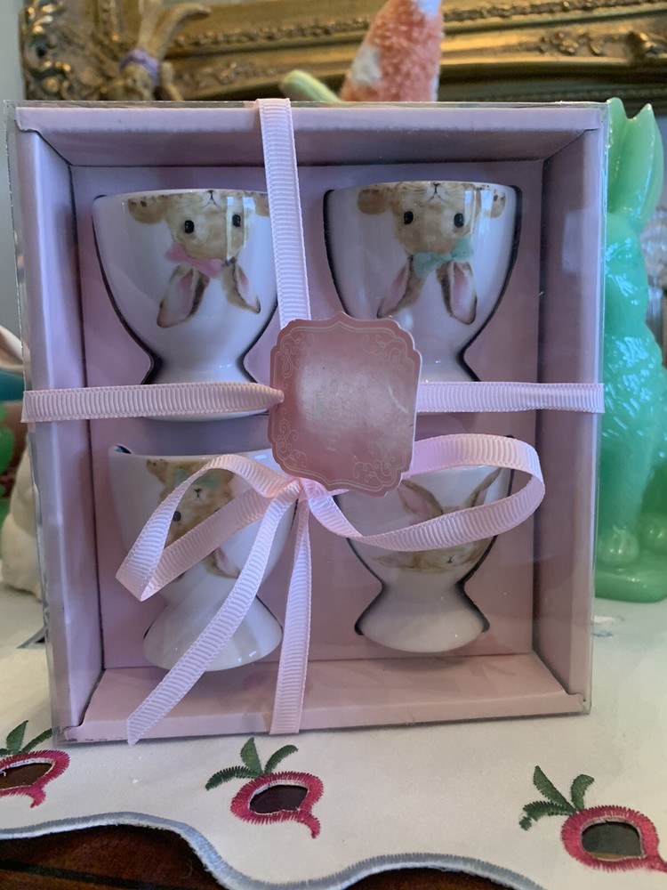 Grace Teaware HIPPITY HOP Hello Spring Set of 4 EASTER EGG CUP HOLDERS New