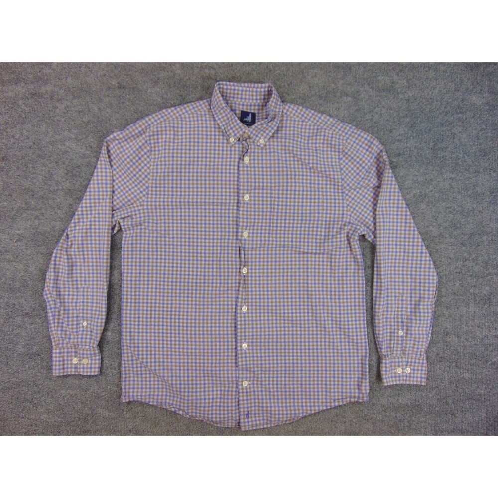johnnie-O Shirt Mens Med Button Down Blue Brown Gingham Plaid Long Sleeve Preppy