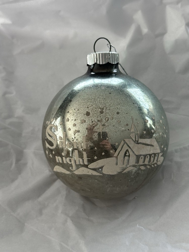 Vintage Shiny Brite Stenciled Silent Night Light Blue Mercury Glass Ornament