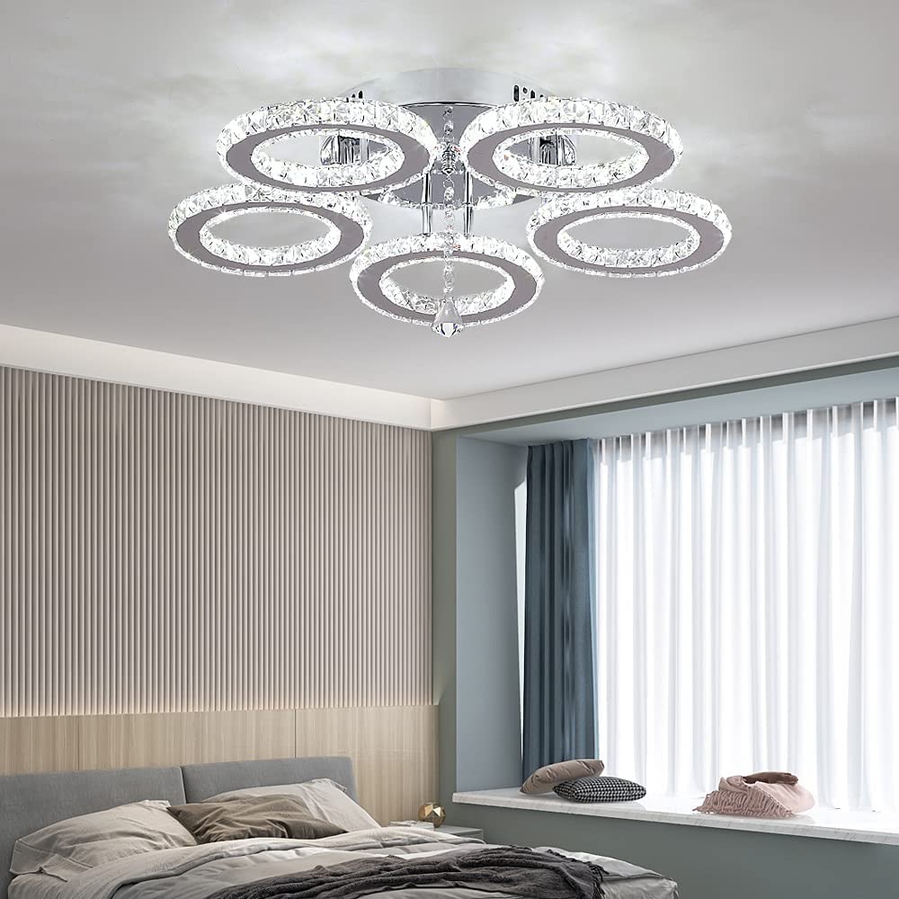 Modern LED Crystal Chandelier 5-Ring Flush Mount Stainless Steel Light Fixture