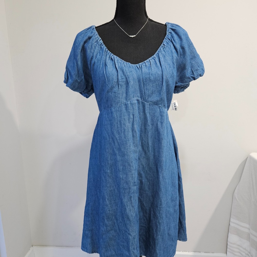 Old Navy Blue Chambray Puff Sleeve Dress Women’s M | 100% Cotton Knee Length