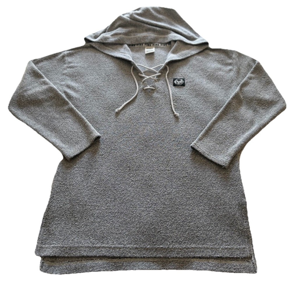 🩶Victoria’s Secret PINK Textured Terry Cloth Lace Up Hoodie-Gray-Size M🩶￼ ￼