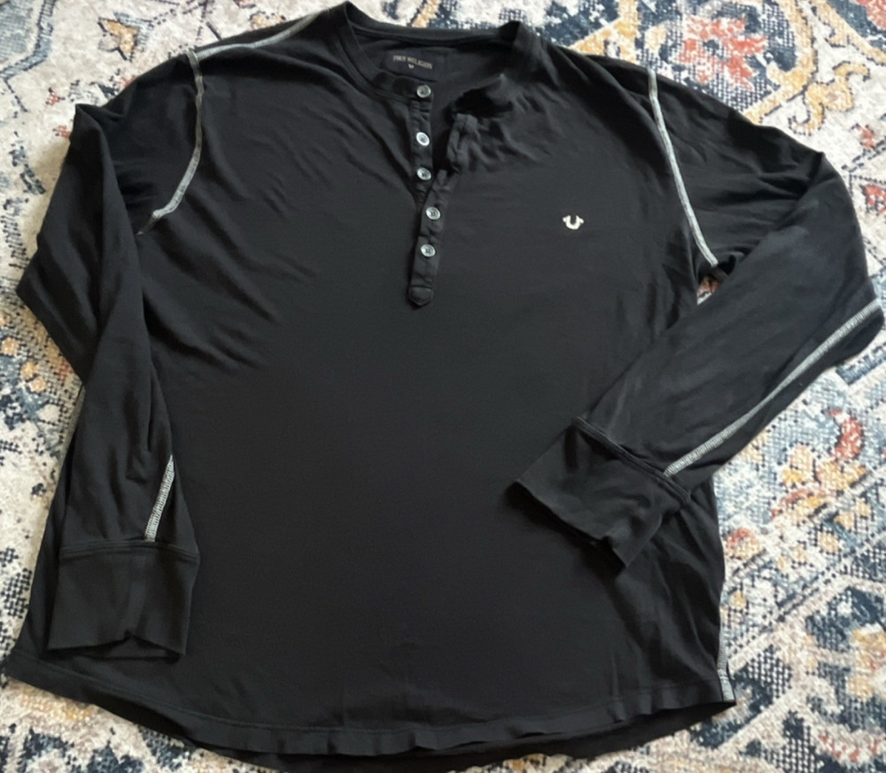 True Religion Black Long Sleeve Henley Knit Cotton T-Shirt Logo Button S