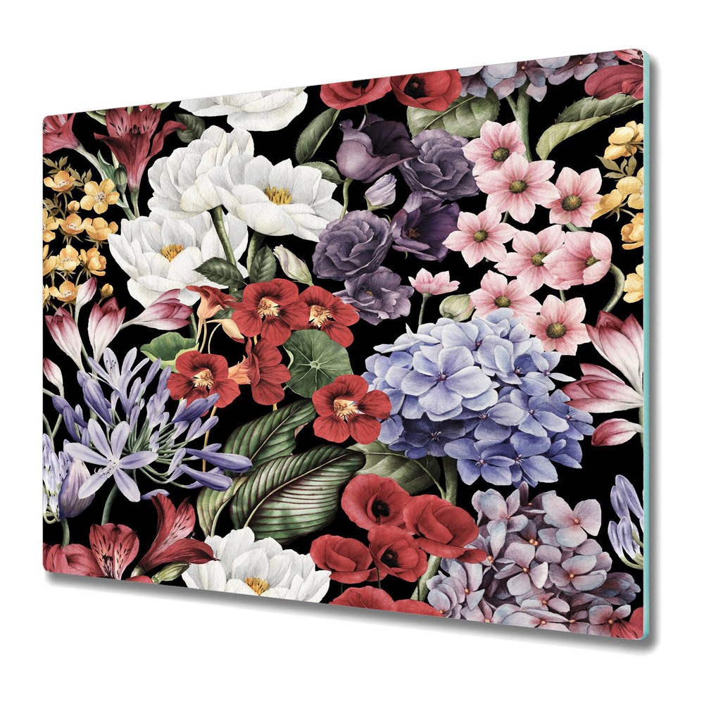 Glass Kitchen Chopping Board Peony Colourful Meadow Floral Watercolour 60x52