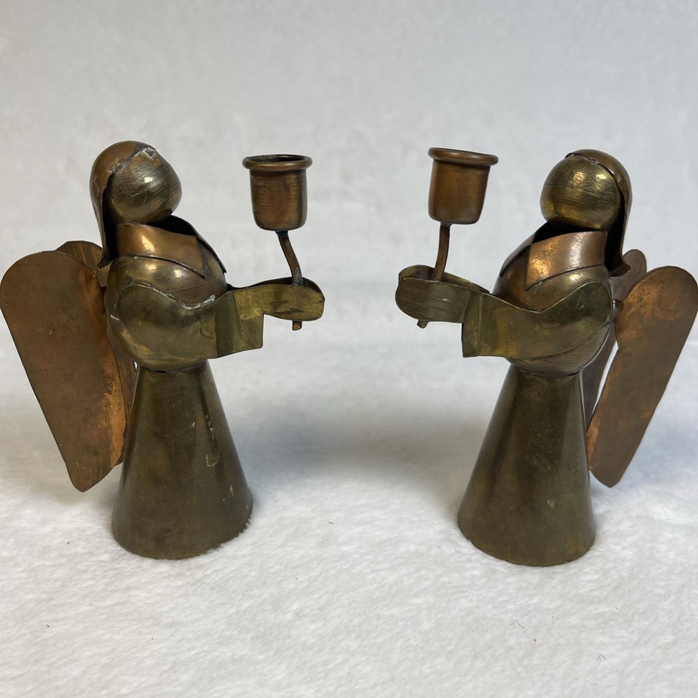 VTG Mexican Brass & Copper Angel Candle Holders – Mini Taper Pair Rustic