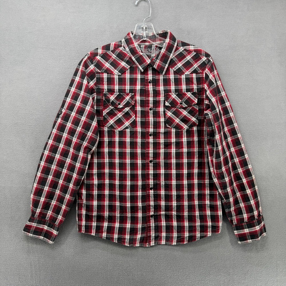 Kohl's Flannel Shirt Boys X-Large Red Plaid Western Pearl Snap Long Sleeve