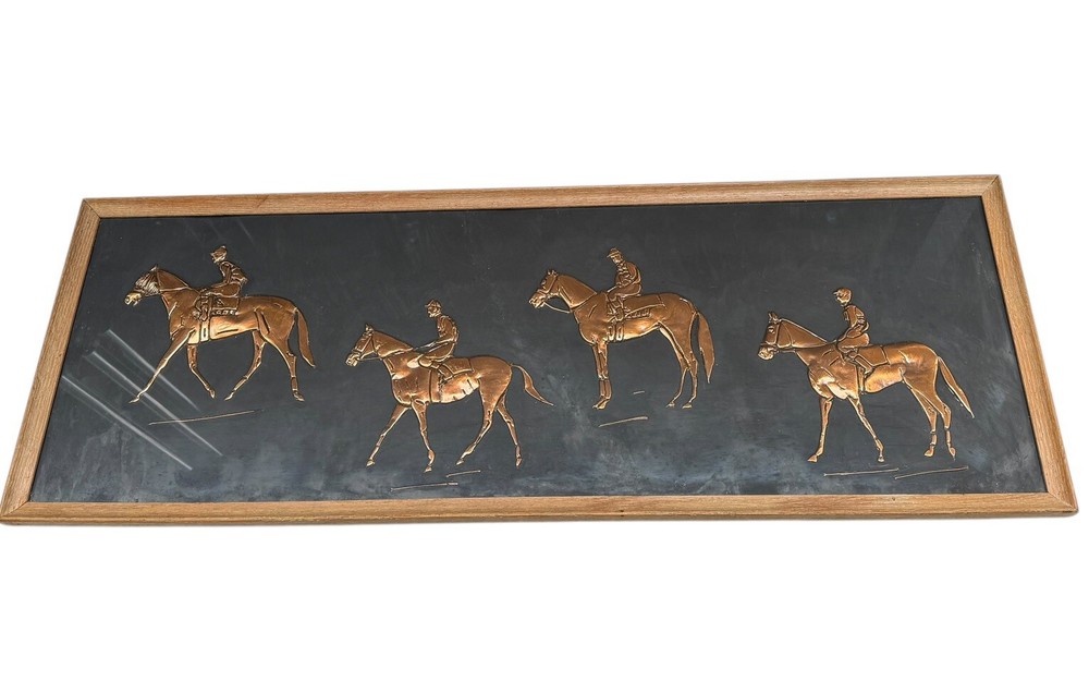 Vintage Copper 3D Equestrian Jockey Horses MCM Large Framed Picture Art 37x13”