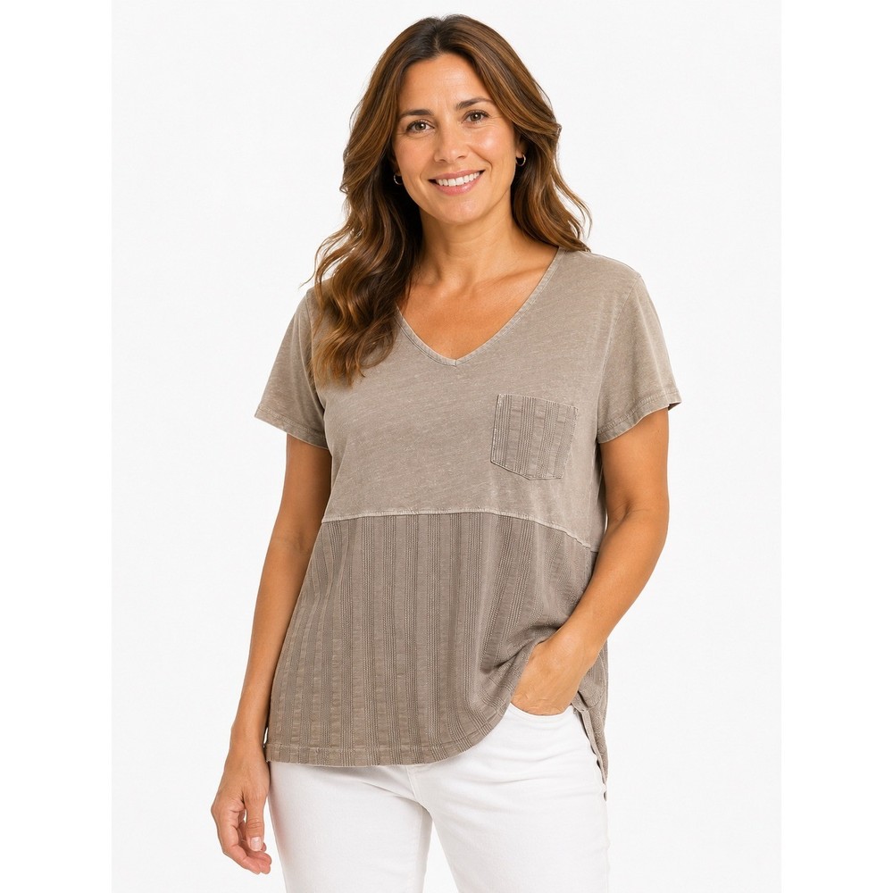 Soft Surroundings Taupe Mixed Media V-Neck Pocket Tee XL Cotton Linen Ribbed Hem