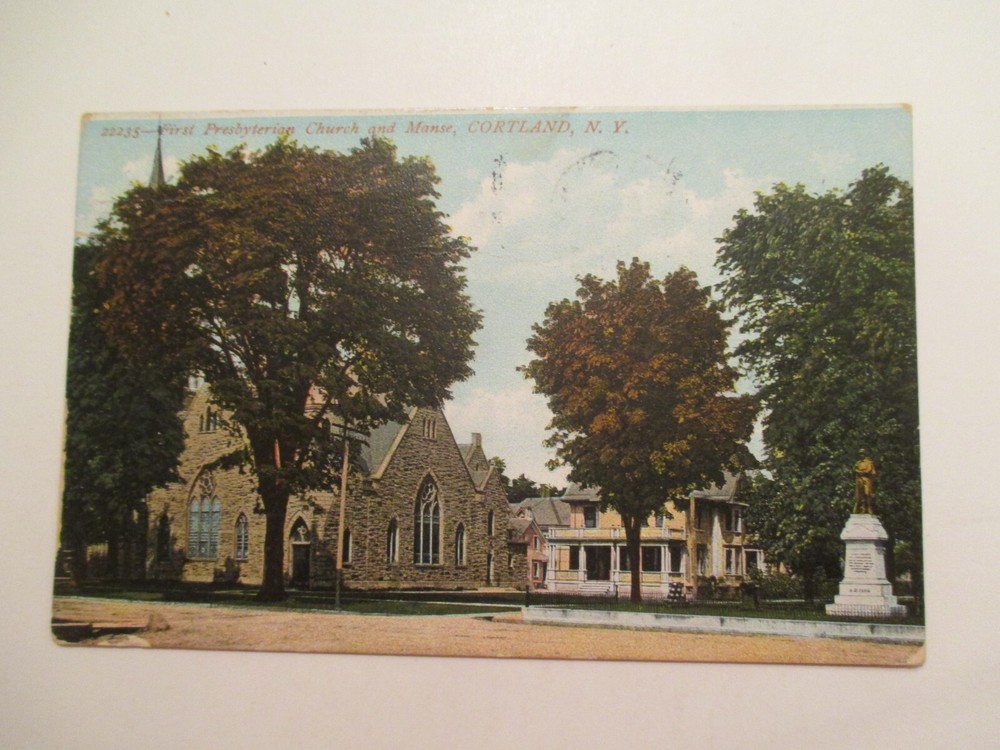 Cortland New York Postcard First Presbyterian Church and manse 1907 NY
