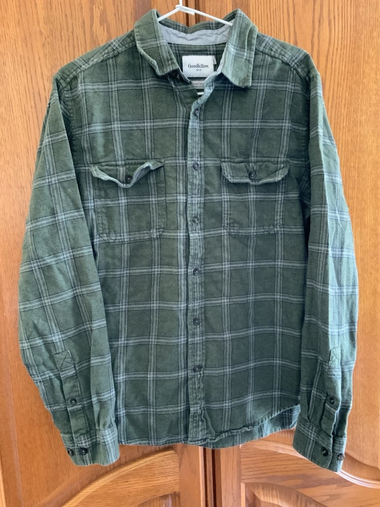 Goodfellow Flannel Shirt Men M Moss Green Plaid Long Sleeved