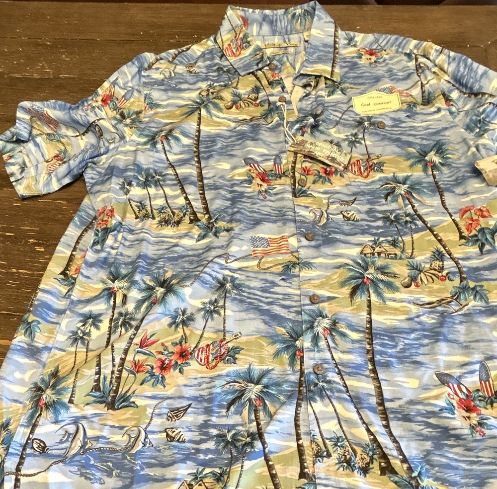 Batik Bay Men's Tropical Rayon Button-Up Shirt Blue Multicolor Size L