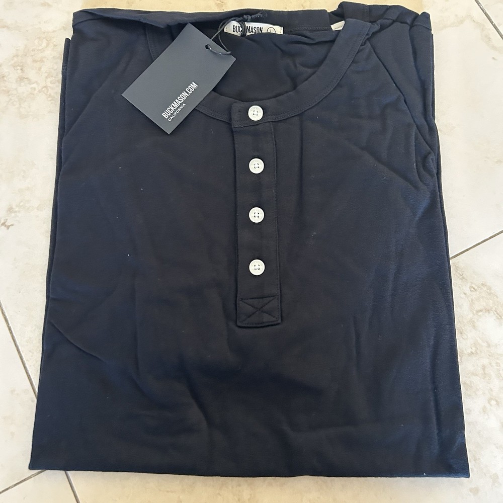 NEW Buck Mason Henley  Mens Black Pima Short Sleeve Curved Hem T Shirt Size L