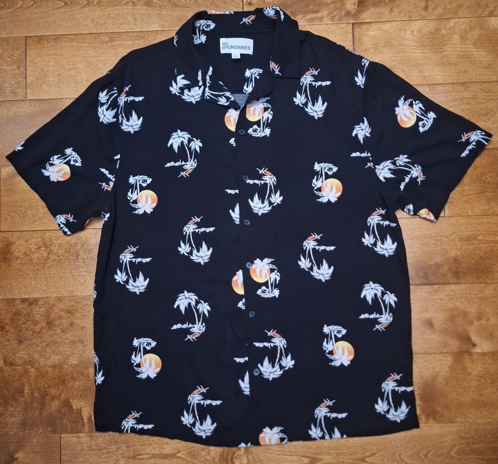 No Boundaries Men's Large Short-Sleeve Button-Up Hawaiian Shirt Tropical EUC