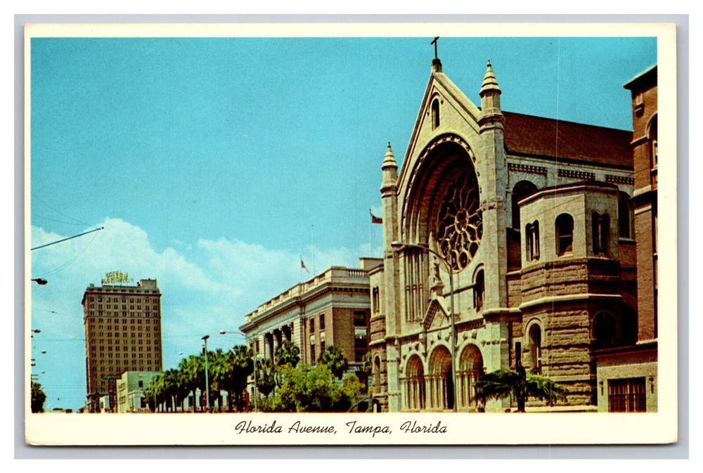 Tampa FL Florida Avenue Looking North Sacred Heart Catholic Church Postcard