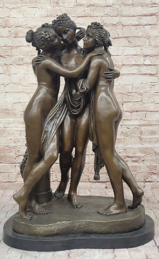 Real Bronze Metal Statue on Stone Nude Women Lesbian Art Love 3 Graces Sculpture