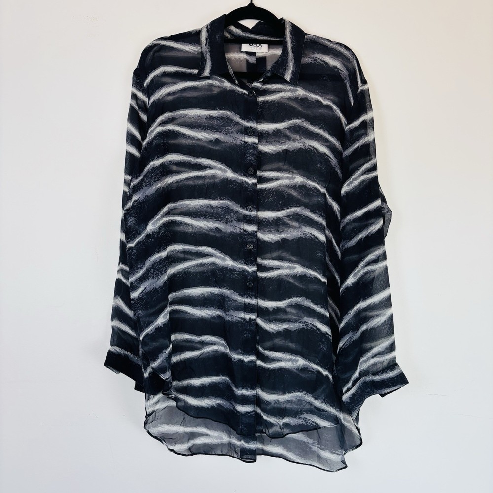 Mela Purdie Blouse Size AU 12 Soft Silk Black Animal Print Long Sleeve Shirt Top