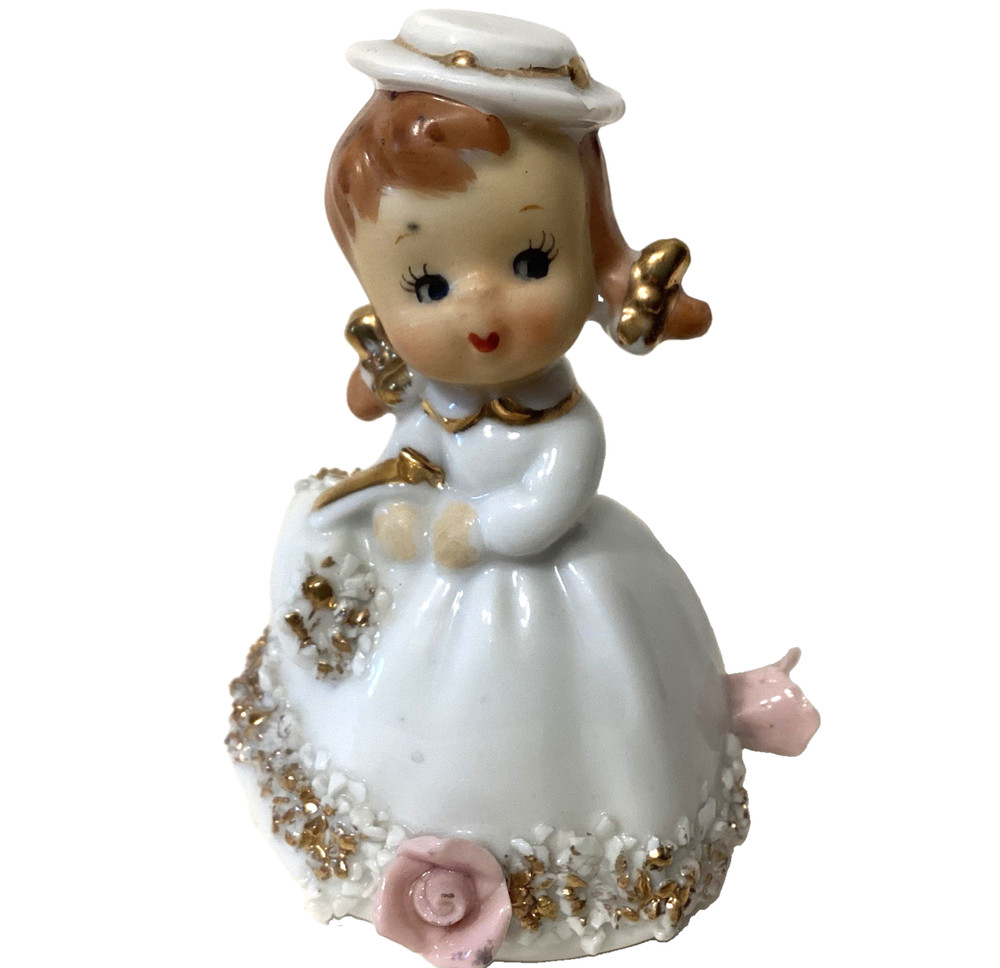 Lefton Girl Bell Holding Basket Flowers Spaghetti Lace Flowers Vintage 1950’s