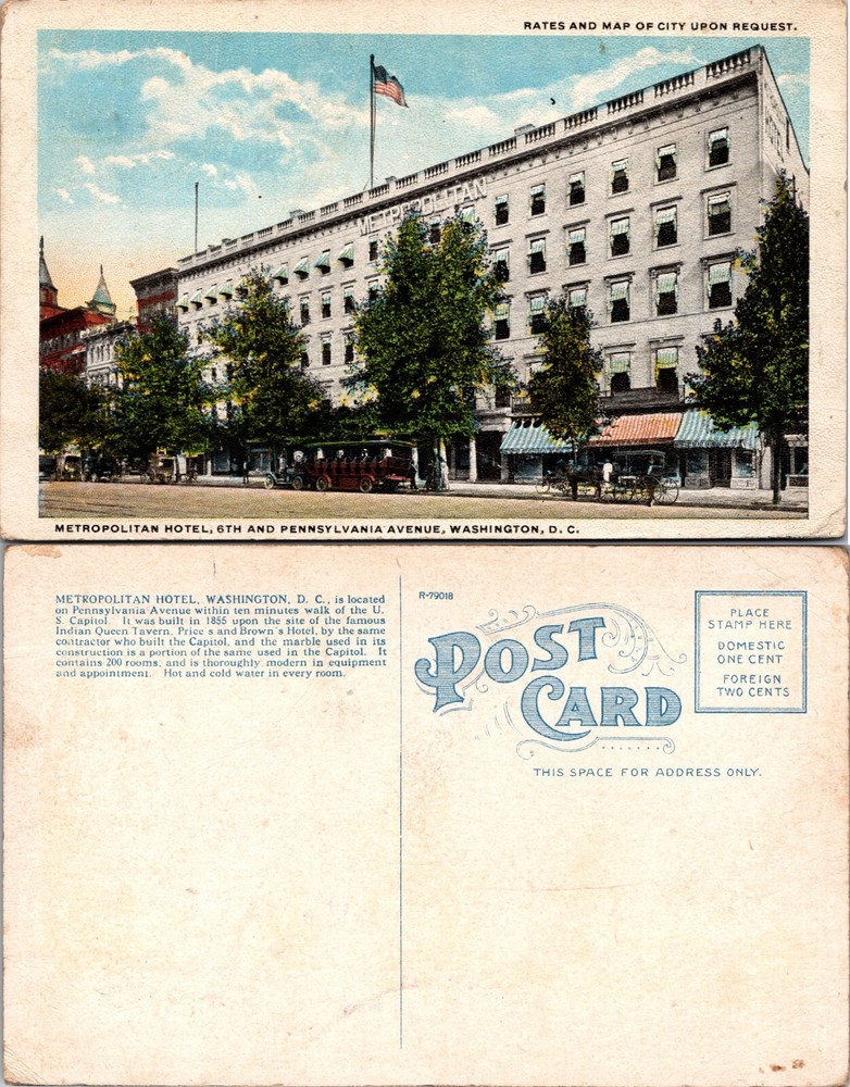 Metropolitan Hotel Pennsylvania Avenue Washington DC Postcard