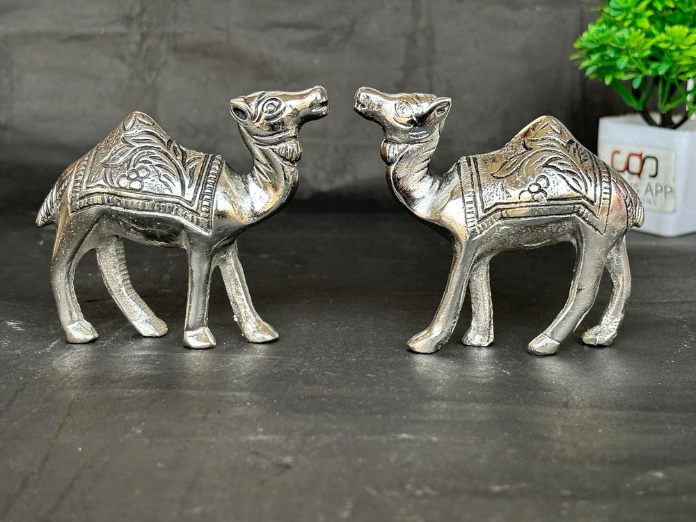 White Metal Camel Showpiece Set for Home-Office Decor & Gift (Pack of 2 )