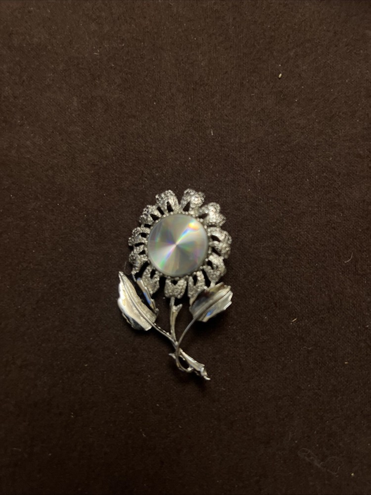 JEWELARAMA Signed Vintage 2.2” Holographic Flower Silver Tone Brooch Pin