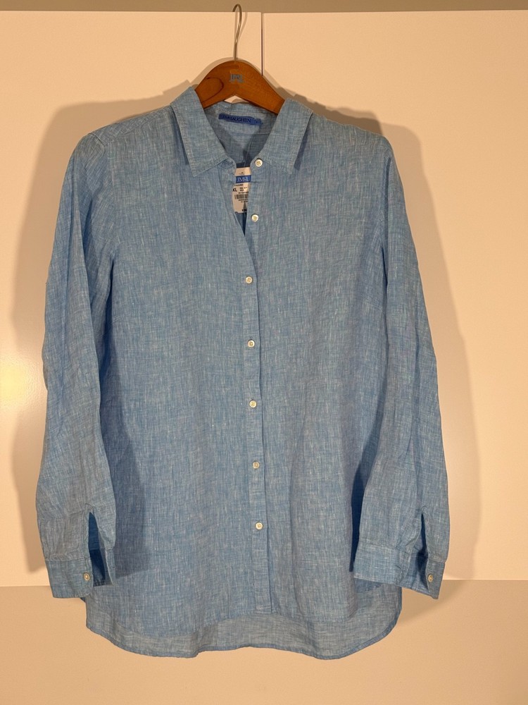 NWT J.McLaughlin Britt Blouse XL Pool Blue Solid 100% Linen Orig $188