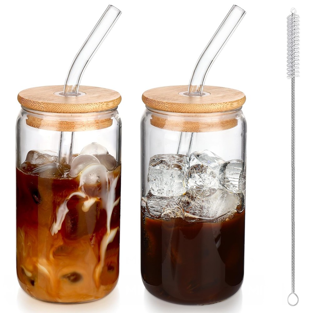 2PCS Iced Coffee Glass Cups 16oz Reusable Tumbler with Lids Straws for Drinks