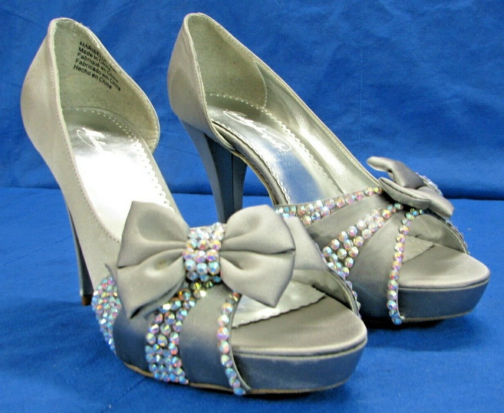 MICHAELANGELO Cocktail Party GRAY SATIN Bow/Rhinestones OPEN-TOE HEELS 9.5M