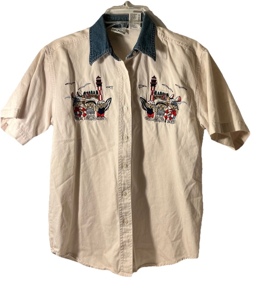 Bobbie Brooks White Denim Sz Sml Embroidered Beach Bears Button Down Shirt