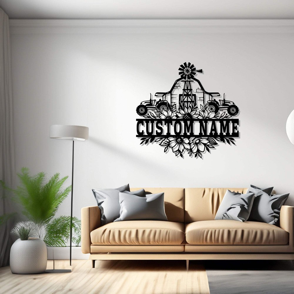 Custom Farming Floral Frame Metal Wall Art Personalized Farmer Name Sign Decorat