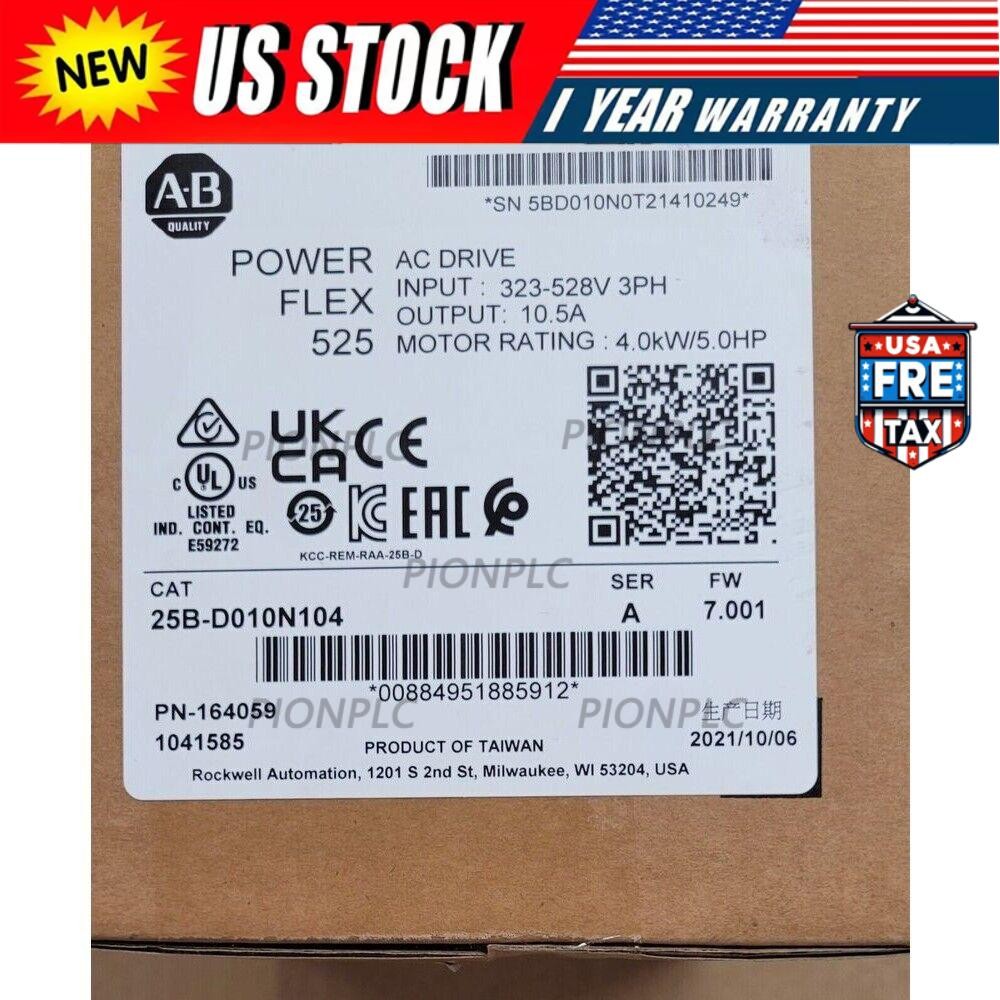 Factory Sealed AB 25B-D010N104 PowerFlex 525 4kW 5Hp AC Drive US Free Tax