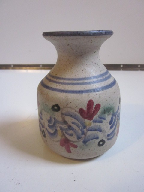 Vintage Berkshire Pottery Stoneware Vase Floral Blue RED Flowers 4.75