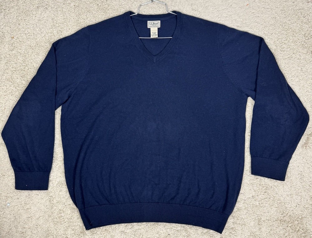 LL Bean Mens Cotton Cashmere Pullover V-Neck Sweater Sz XL Blue Business Casual