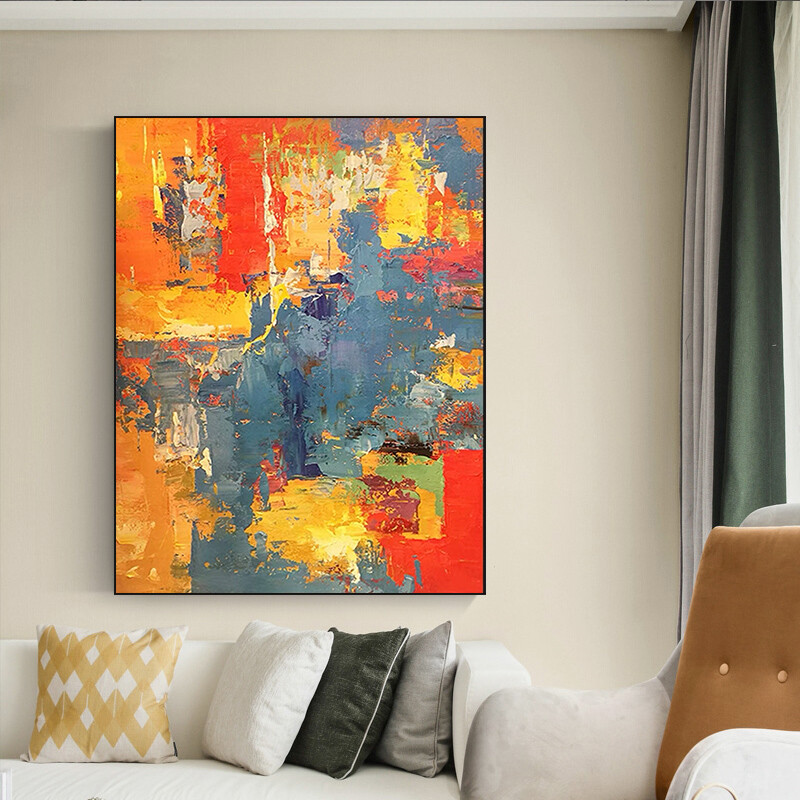 Hand painted Abstract Oil Painting Modern Simple Yellow Orange Gray Abstract