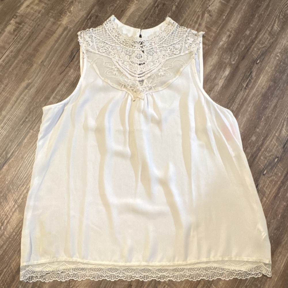 Xhilaration Lace Embroidered High Neck Sleeveless Blouse XXL Ivory Sheer
